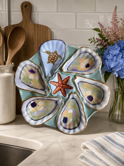 Hand painted 9.5” oyster plate