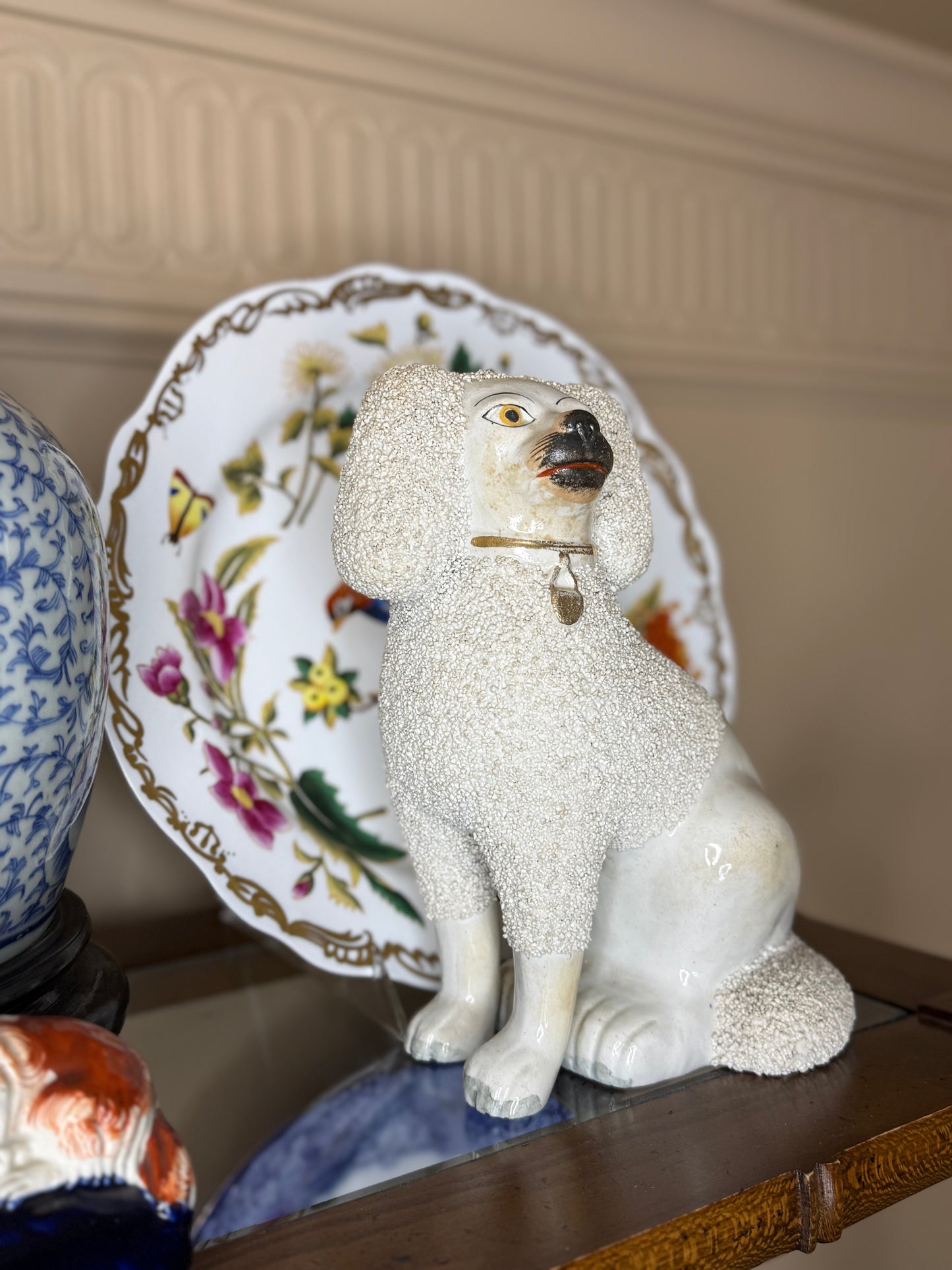 Large 19th Century 10.5” Tall Antique Sanded Staffordshire Poodle Figures, Separated Legs  #DA4387