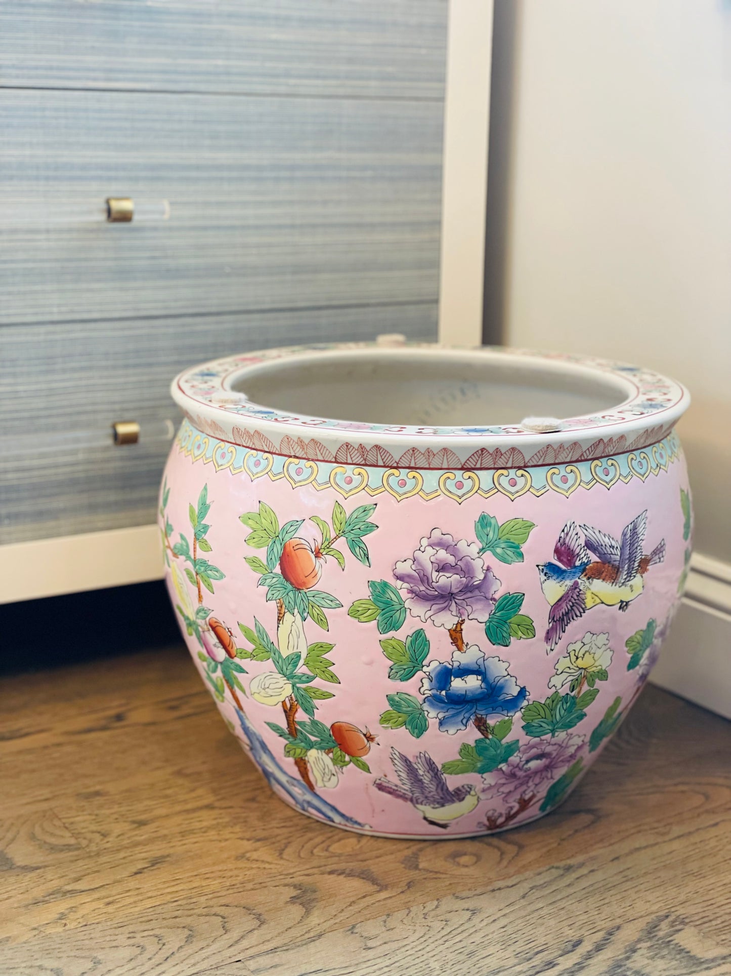 Vintage Pink Floral Peony Chinoiserie, 14.5”D Planter - Pristine