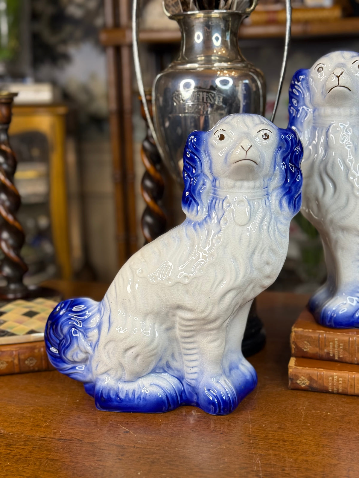 Pair of Vintage English Arthur Wood Staffordshire Spaniel Dogs, Cobalt Blue & White, c. 1930–1950 – 11.5”H