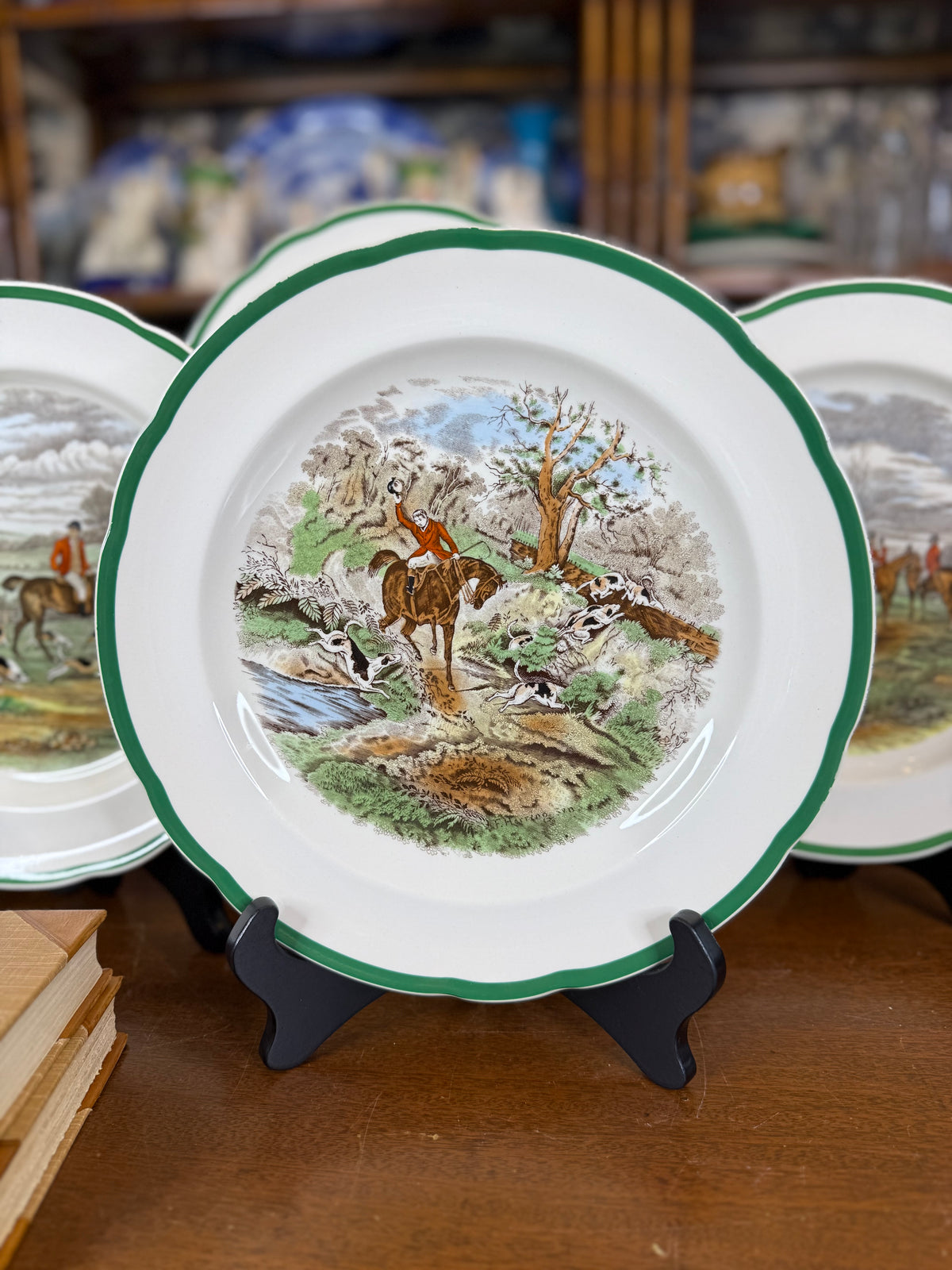 Vintage Spode “The Hunt” J.F. Herring Sr. Equestrian Hunting Plates, Set of 4, Green Trim, Scalloped Edge, England, 10” D | #DA4593