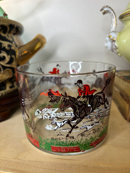 Vintage Hazel Atlas glass ice bucket with a fox hunting scene!