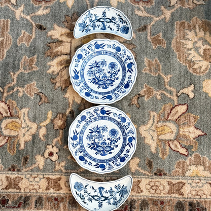 Set of 4 Blue & white blue onion crescent salad & bone plates