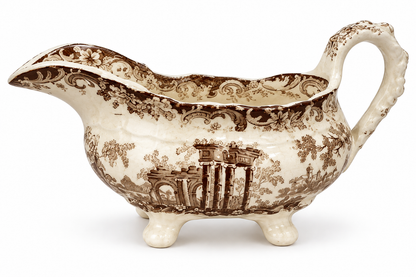 Antique Brown Transferware Footed Gravy Boat | Architectural Landscape