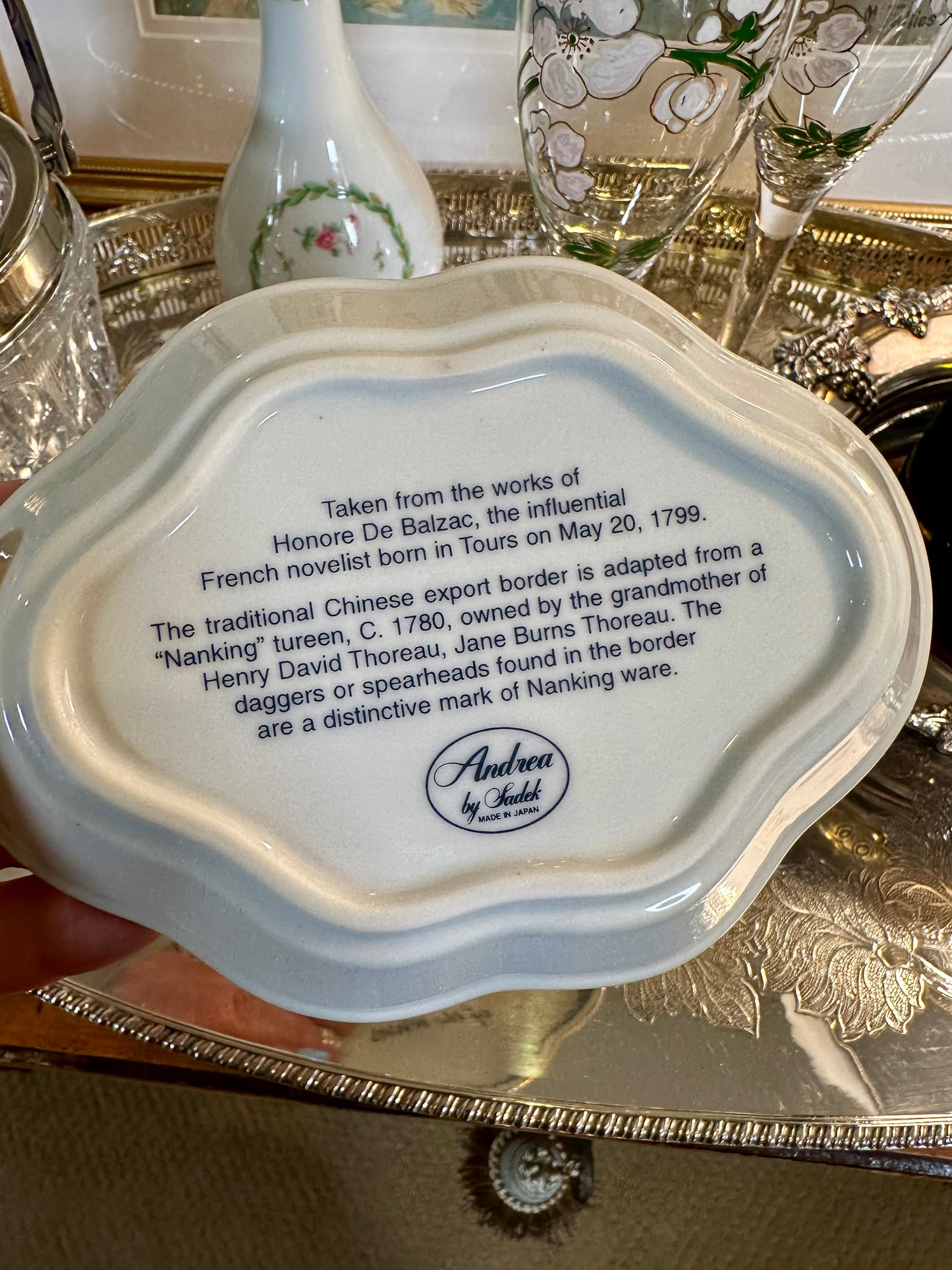 Vintage Andrea by Sadek “Love” Trinket Dish | Blue & White with Gold, 6”