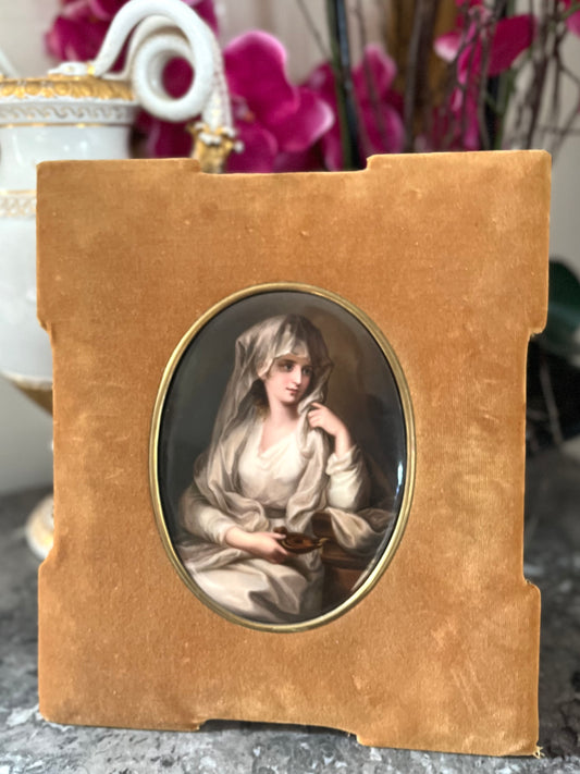 Antique Hand-Painted Porcelain Portrait Plaque — Vestal Virgin with Lamp, After Romney - KPM Attributed