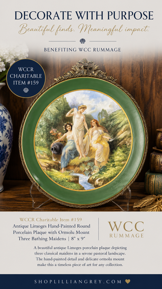 WCCR Charitable Item #159 | Antique Limoges Hand-Painted Round Porcelain Plaque with Ormolu Mount | Three Bathing Maidens | 8" x 9"