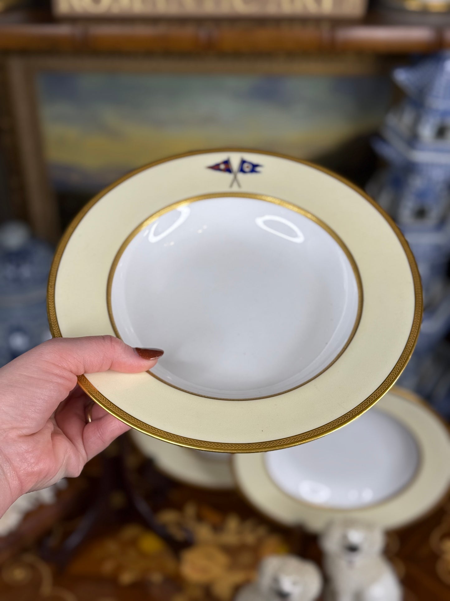 RARE Set (3) Wide-Rim Bowls, Antique Spode Copeland (custom order, 1927) Private yacht burgee service china - New York Yacht Club - PRISTINE!