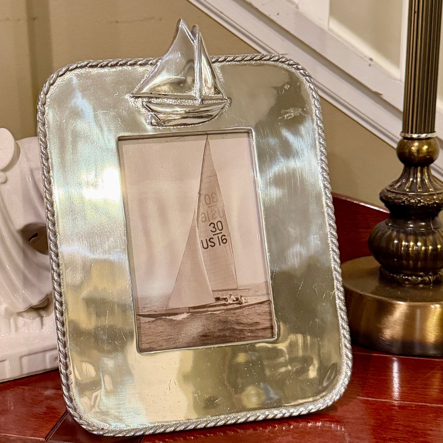 Massive Designer Mariposa vintage silver sailboat photo frame