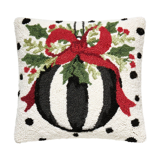 Christmas Black & White Wool Hooked Throw Pillow | 14" x 14" Holiday Accent Pillow