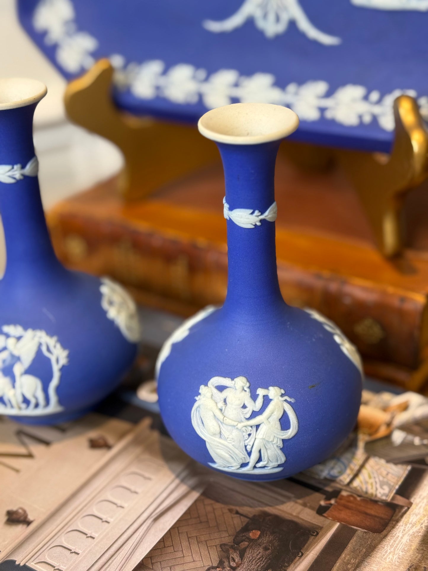 Wedgwood Cobalt Jasperware 5.5” Tall Vase Pair AS IS