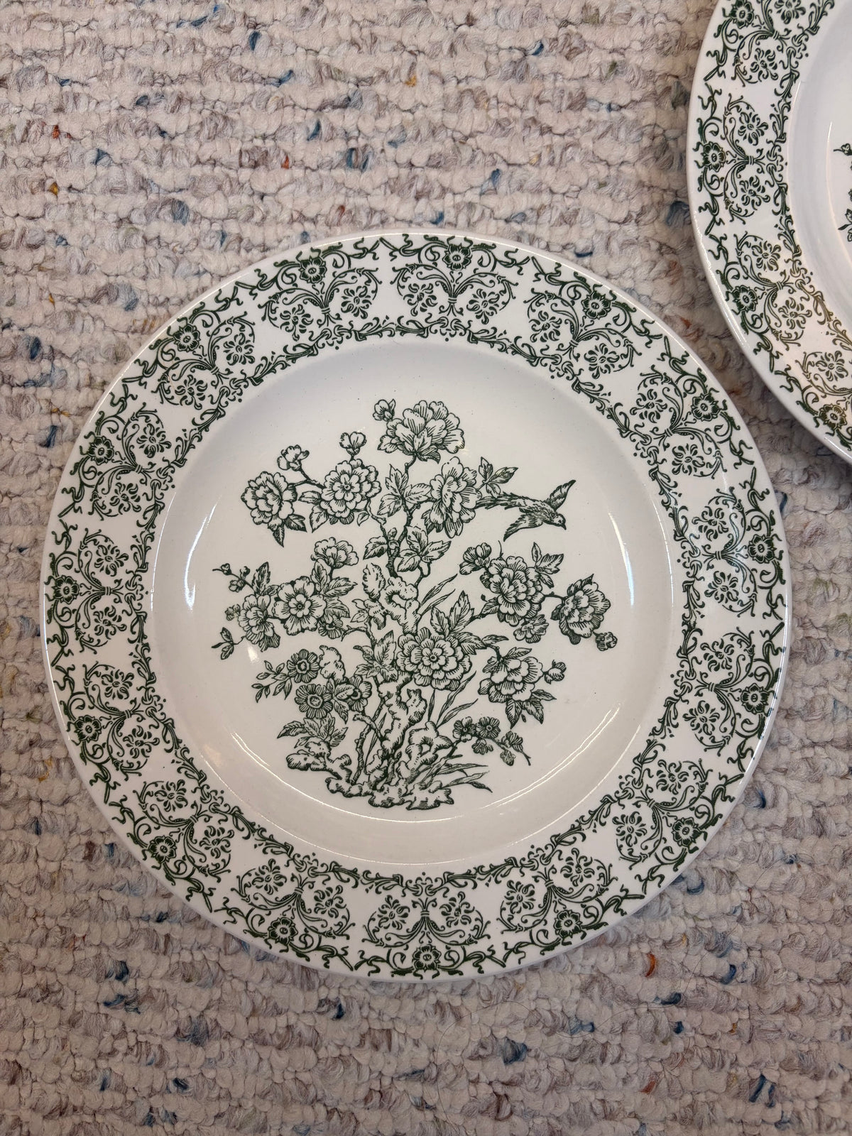Beautiful green and white transferware plates with bird and floral details pair!