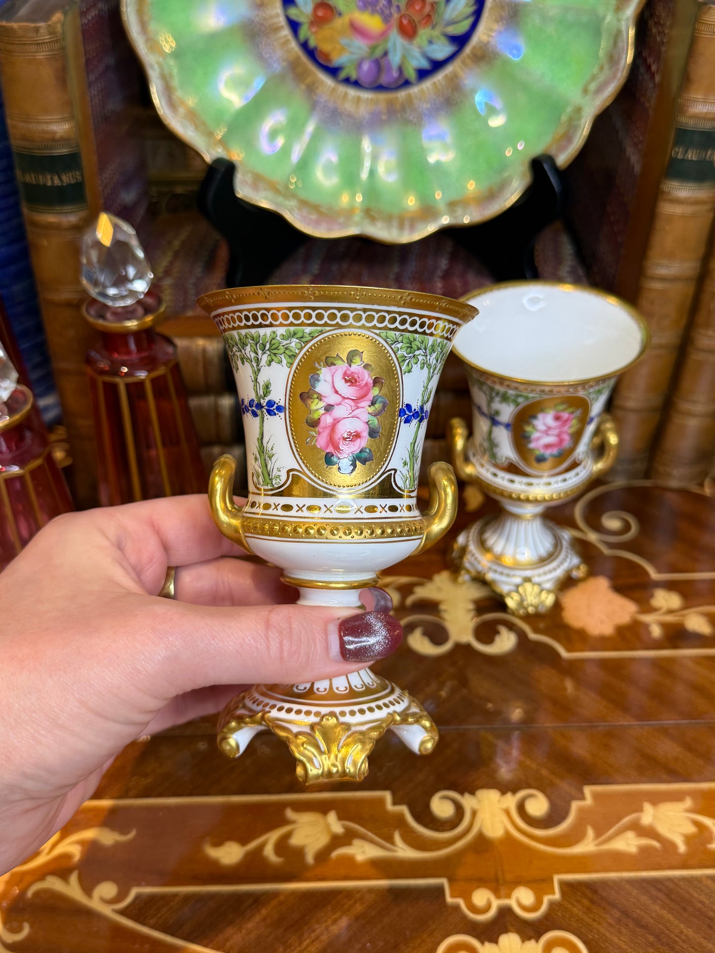 Antique Cir. 1900, Royal Crown Derby Vase Pair W/ Painted Roses, 5” tall, 3”D #DA4445