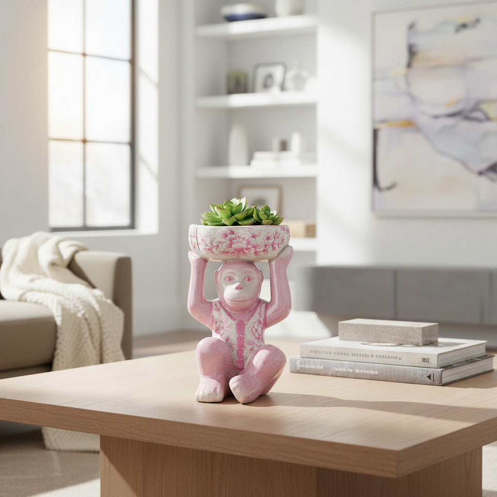 Danny's Fine Porcelain - Pink Floral Porcelain Monkey Figure Bowl – 6”L x 6”W x 8.5”H