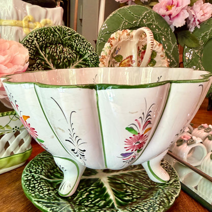 Gorgeous green scalloped tripod planter centerpiece bowl made in Portugal