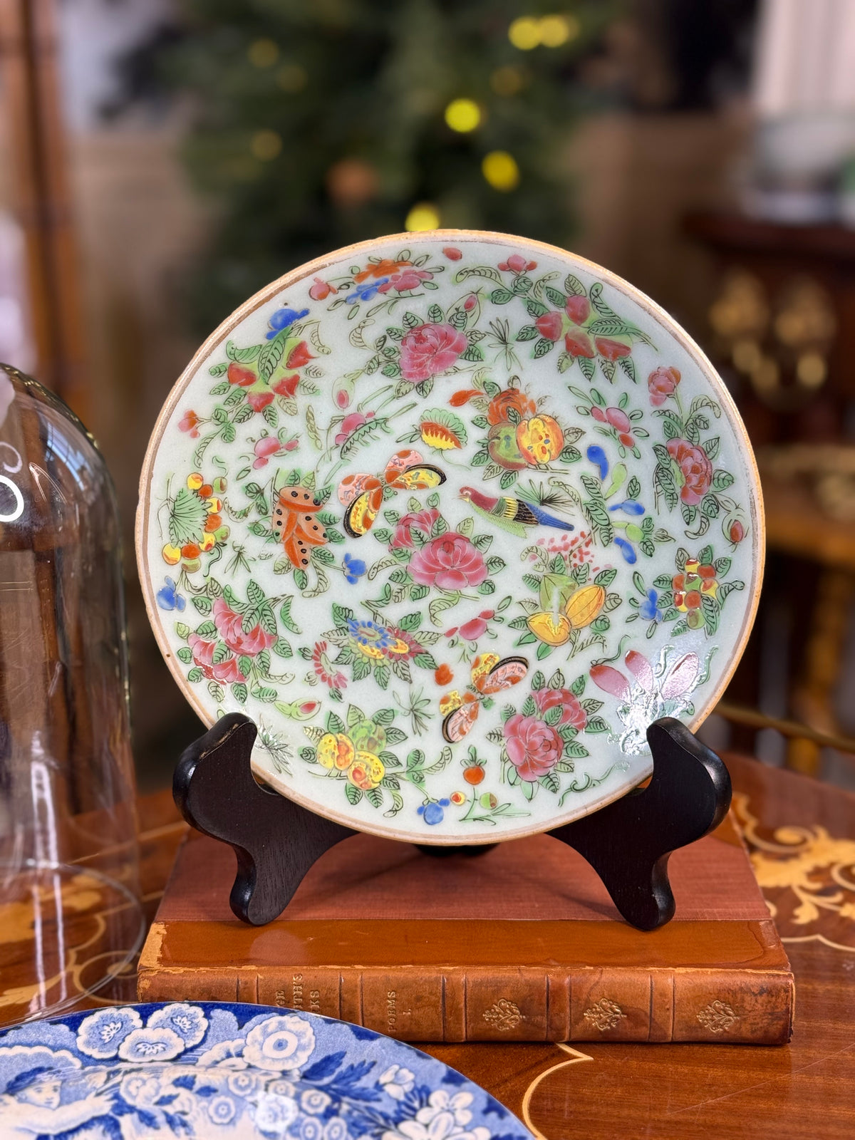 RESERVED - AMLEA- Antique Chinese Famille Rose Celadon Plate | Butterflies, Birds & Flowers | 7.25”