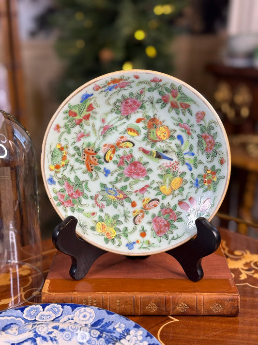 RESERVED - AMLEA- Antique Chinese Famille Rose Celadon Plate | Butterflies, Birds & Flowers | 7.25”
