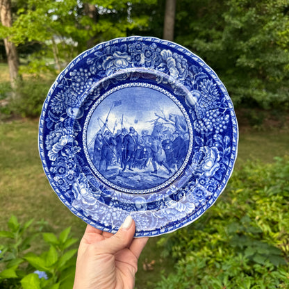 Live 09/01 Vintage blue and white transferware collector plate featuring the "Landing of the Pilgrims" design.