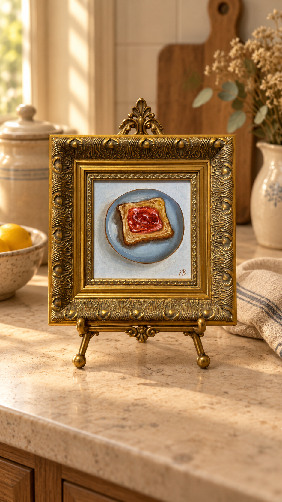 Toast with Strawberry Jam Original Framed Oil Painting Kitchen Wall Art