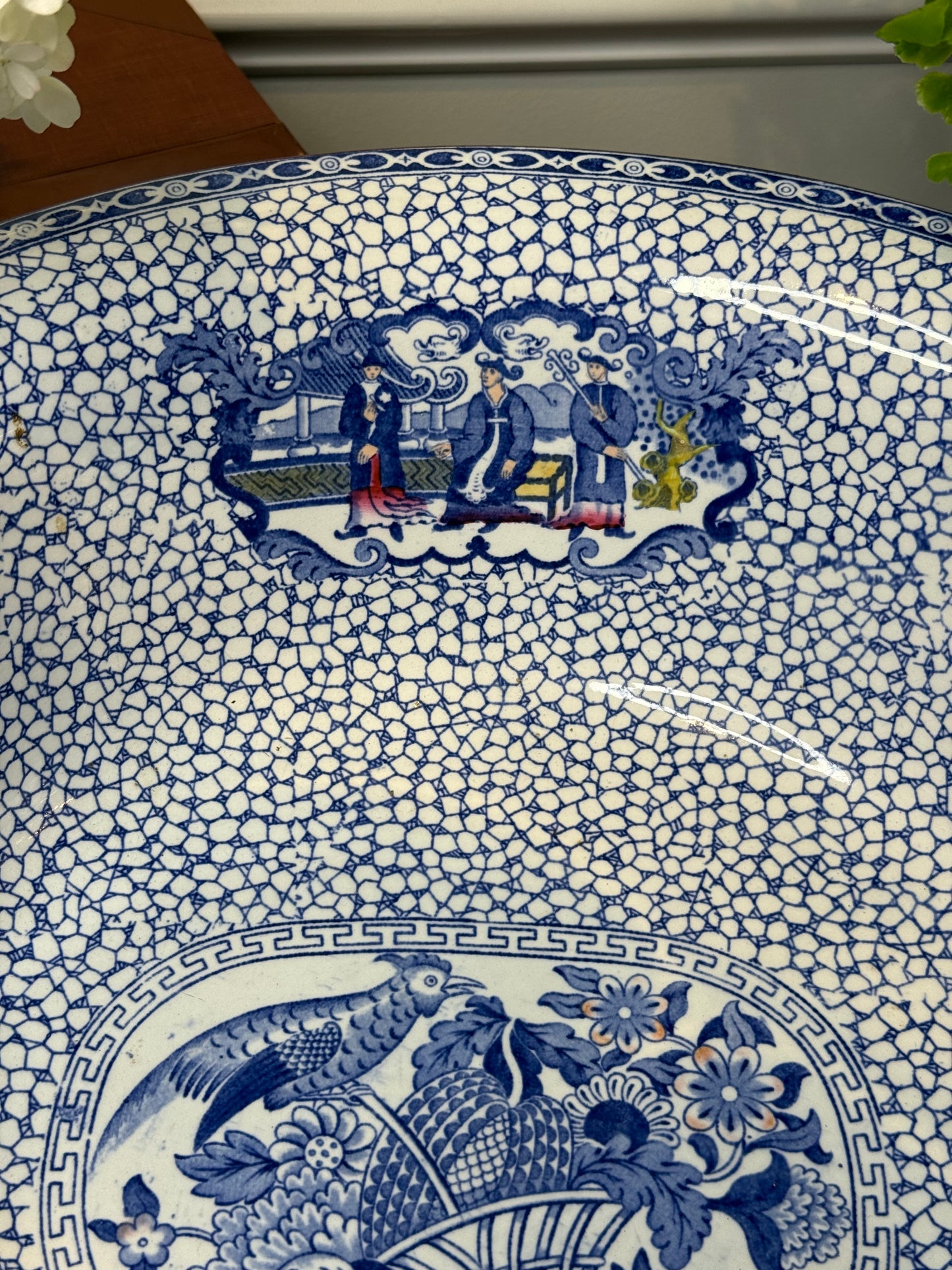 Antique Adams Chinese Bird Wash Basin | Large Blue & White English Transferware Bowl | 15”