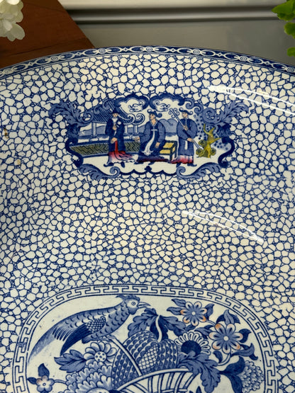 Antique Adams Chinese Bird Wash Basin | Large Blue & White English Transferware Bowl | 15”
