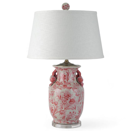 STUNNING - Pink/White Prim Rose, 30” Tall Porcelain Lamp W/ Handles