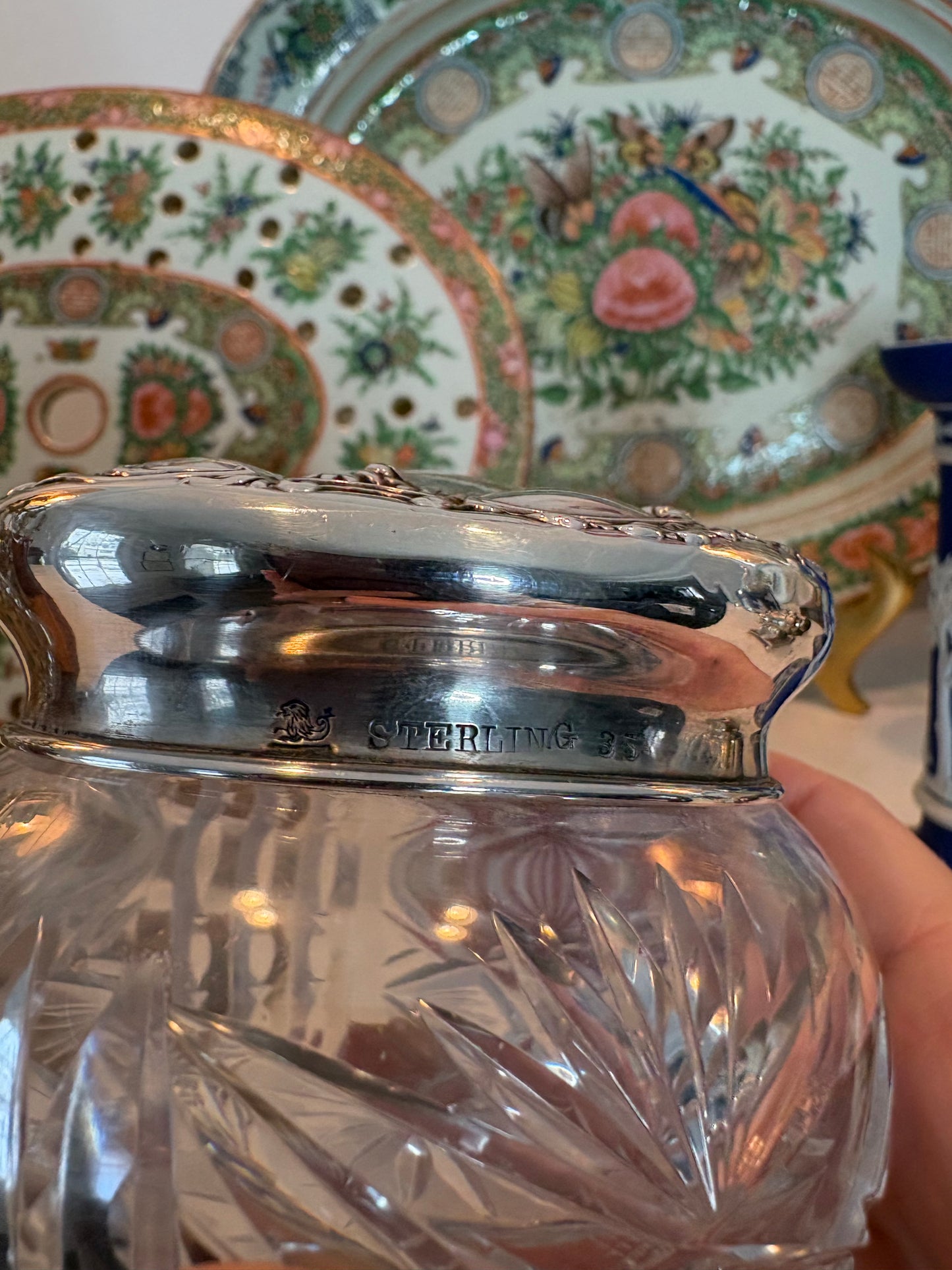 Sterling topped cut crystal Vanity Jar