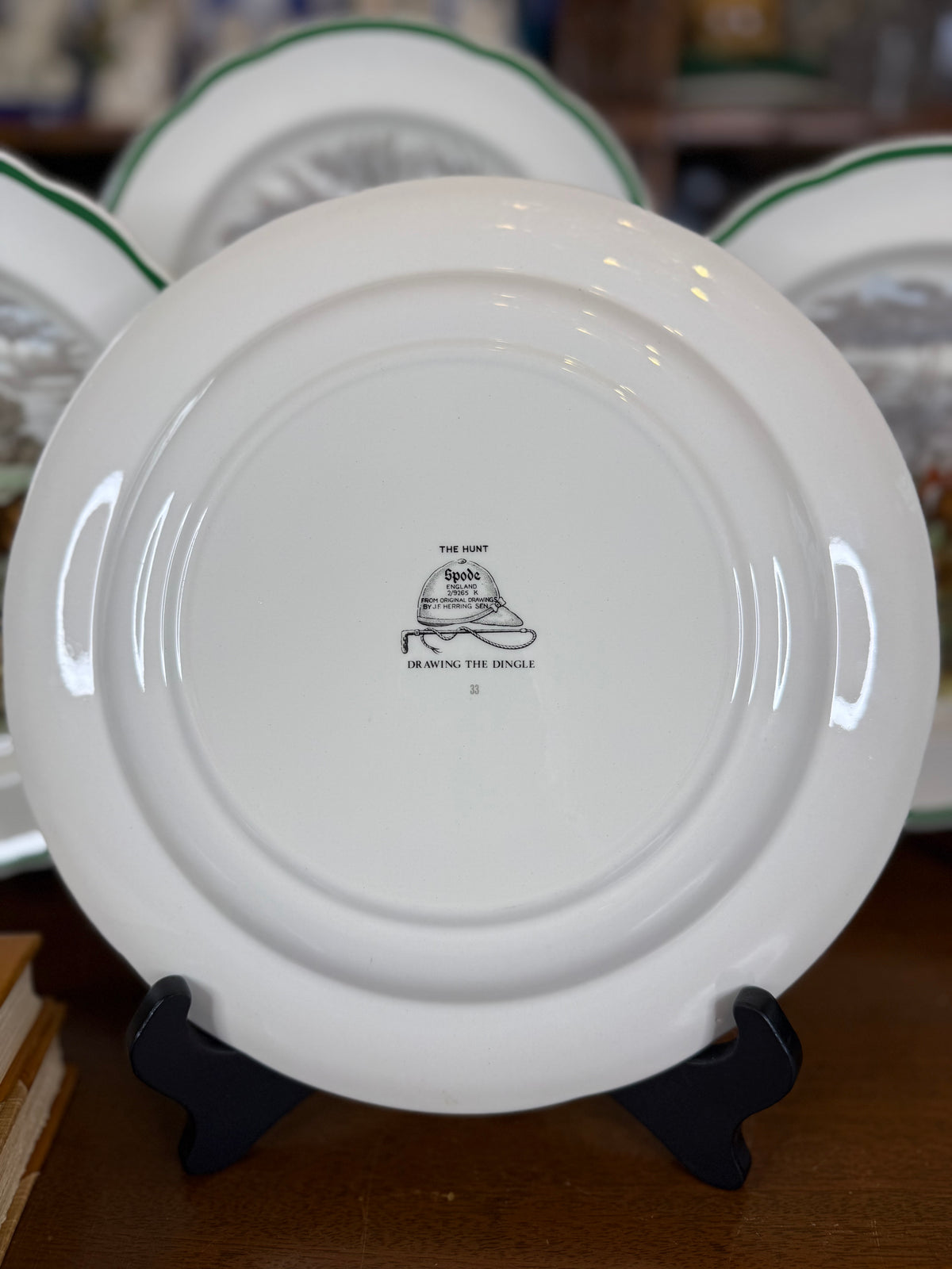 Vintage Spode “The Hunt” J.F. Herring Sr. Equestrian Hunting Plates, Set of 4, Green Trim, Scalloped Edge, England, 10” D | #DA4593