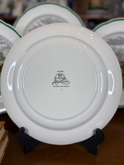 Vintage Spode “The Hunt” J.F. Herring Sr. Equestrian Hunting Plates, Set of 4, Green Trim, Scalloped Edge, England, 10” D | #DA4593