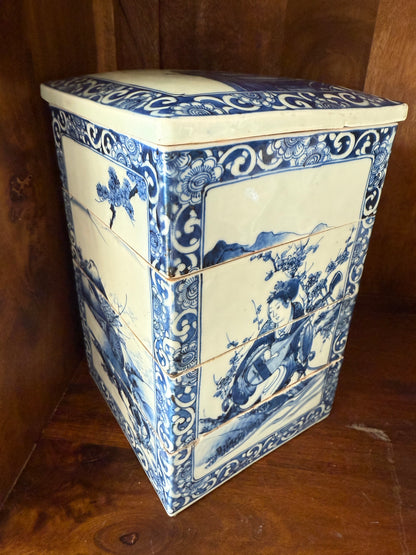 Antique Japanese Porcelain Blue & White 4 Sided Stacking Jubaku Boxes