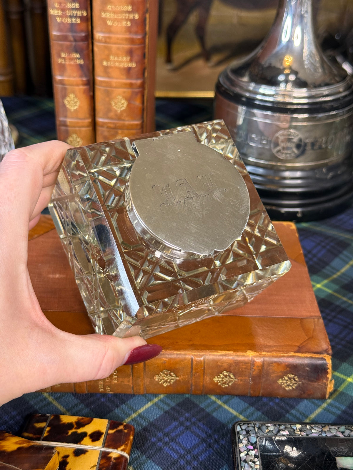Antique Monogrammed Haseler Brothers Sterling Silver & Cut Crystal Inkwell | Birmingham 1906 | Edwardian | DA4580