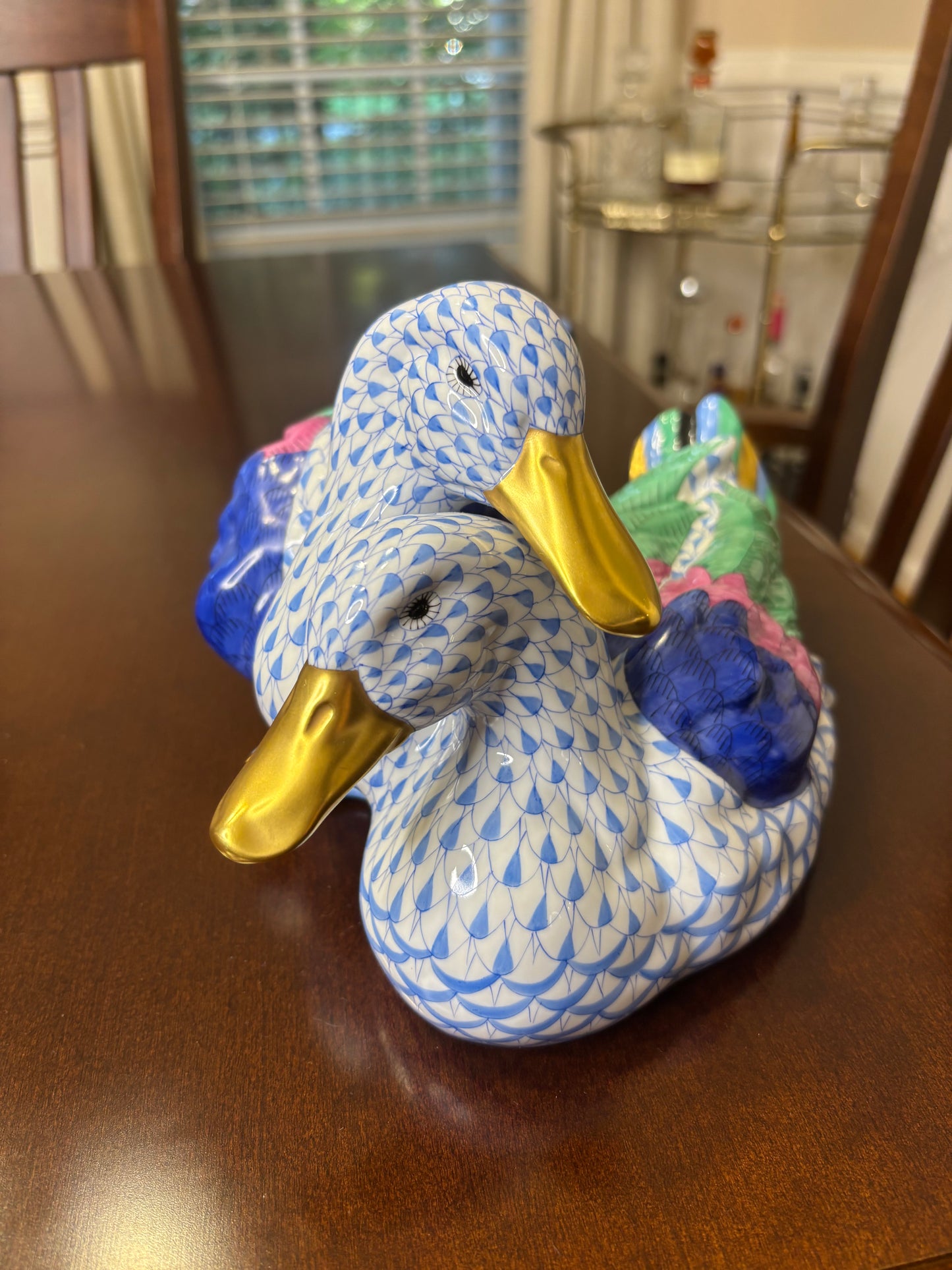 Stunning Herend Loving Ducks in blue and white fishnet with gold and vibrant colors!