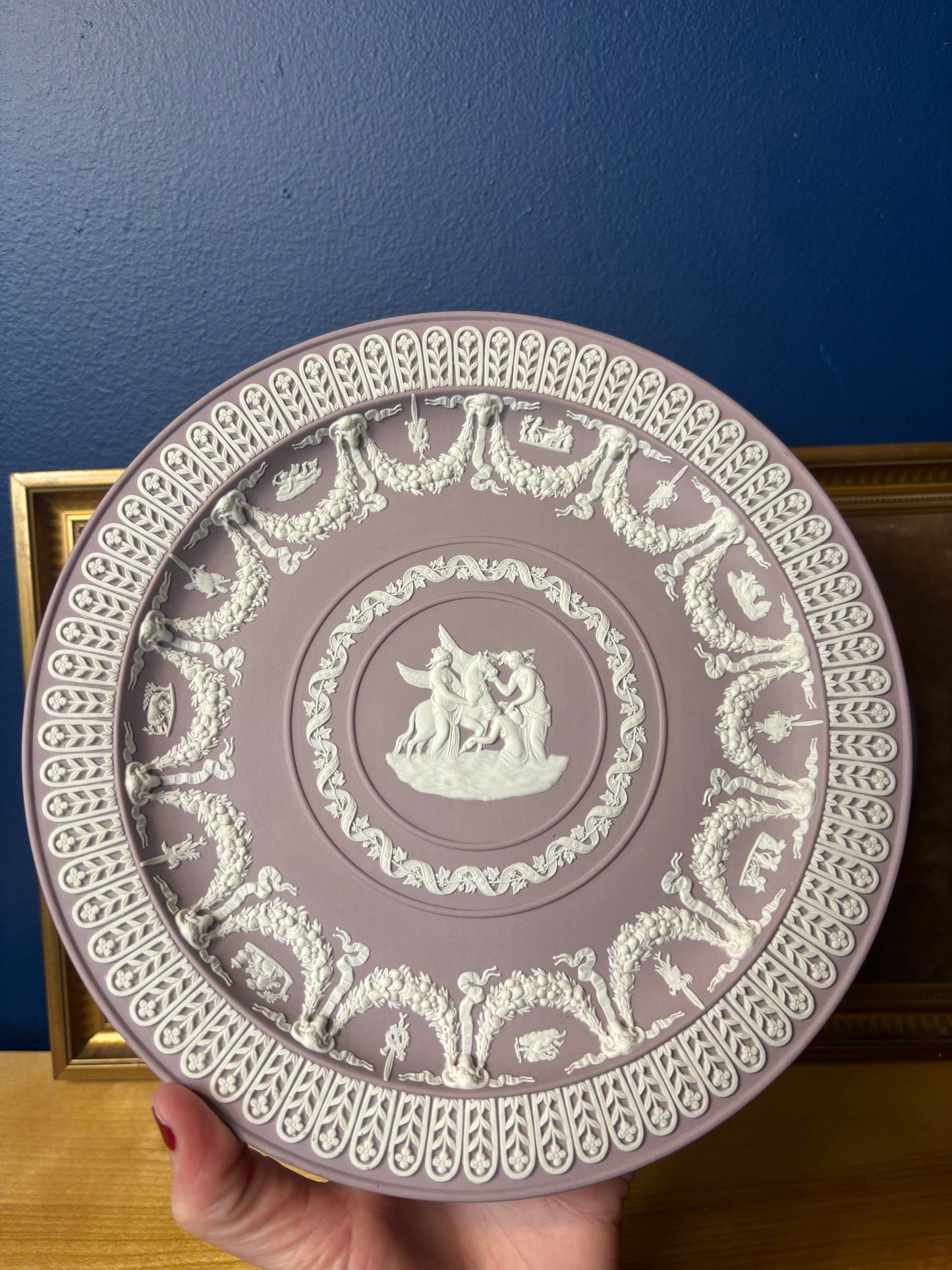 RARE Wedgwood Lilac Jasperware Trophy Plate featuring a white bas-relief of the Greek goddess Aurora in her chariot!