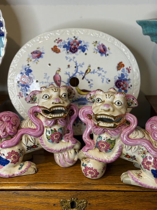 Danny’s Fine Porcelain - Pair of Porcelain Foo Dogs in Tobacco Leaf Pink | 7″ Wide