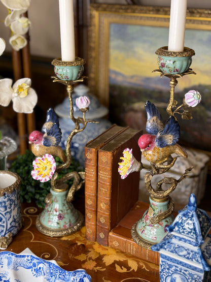 Danny’s Fine Porcelain: 13” Porcelain Bird Candelabra with Bronze Ormolu (Bird Figure Collection)