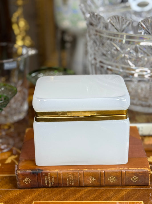 Antique French Opaline Glass Hinged Box with Gilt Mount | 5.25” x 3.25” x 4.25” Tall