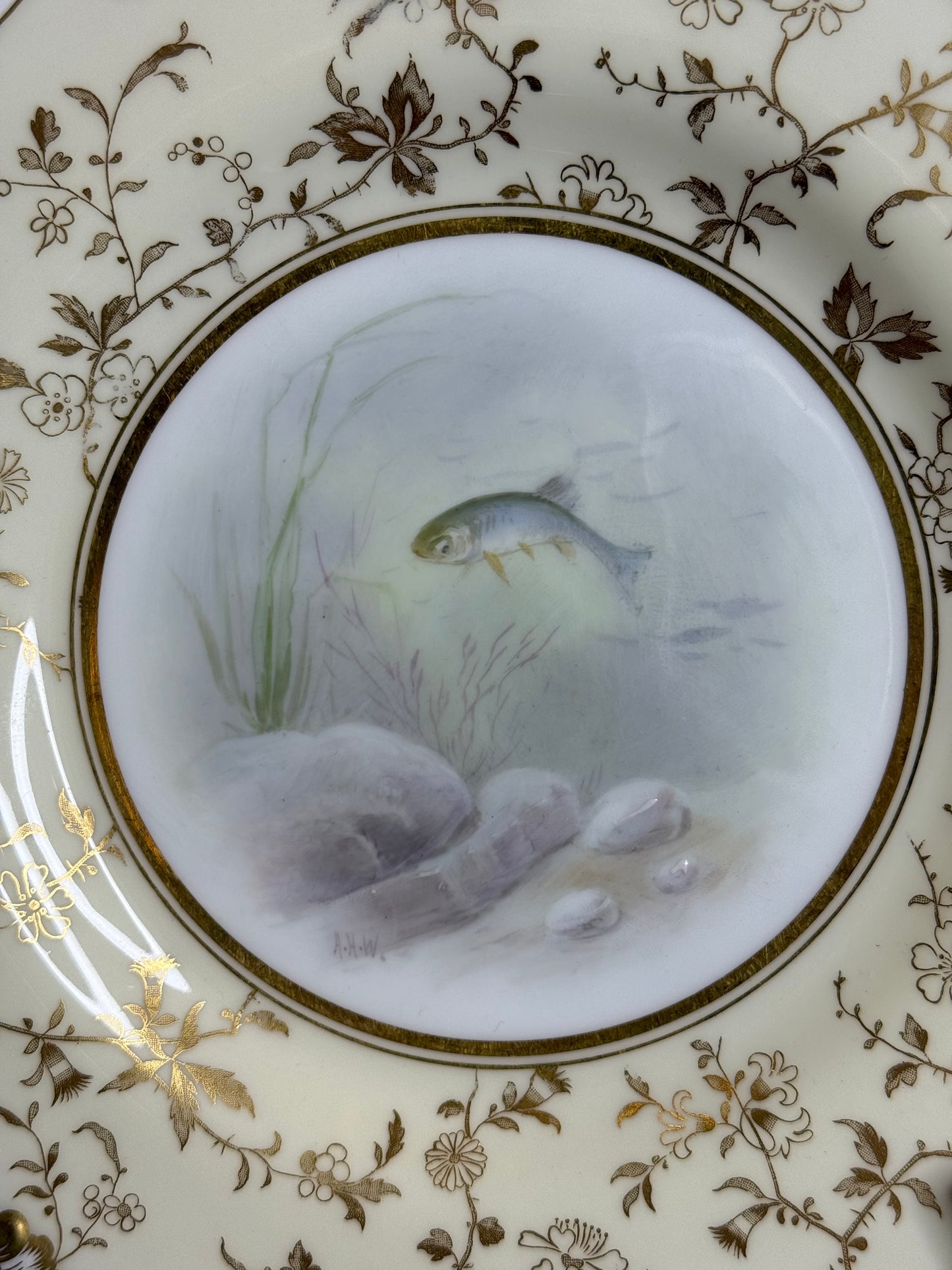 Pair of Minton Hand-Painted Fish Cabinet Plates by Albert H. Wright | Davis Collamore New York | c.1895 | #DA3143