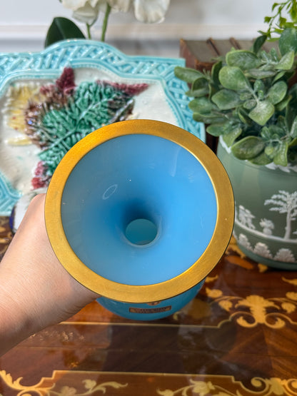 Vintage Murano Cenedese Turquoise Blue Opaline Glass Vase with Gold Trim | 10” Tall