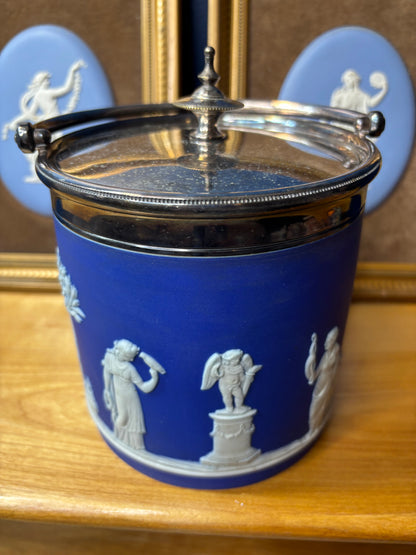 Wedgwood Jasperware cobalt biscuit barrel with silver plating!