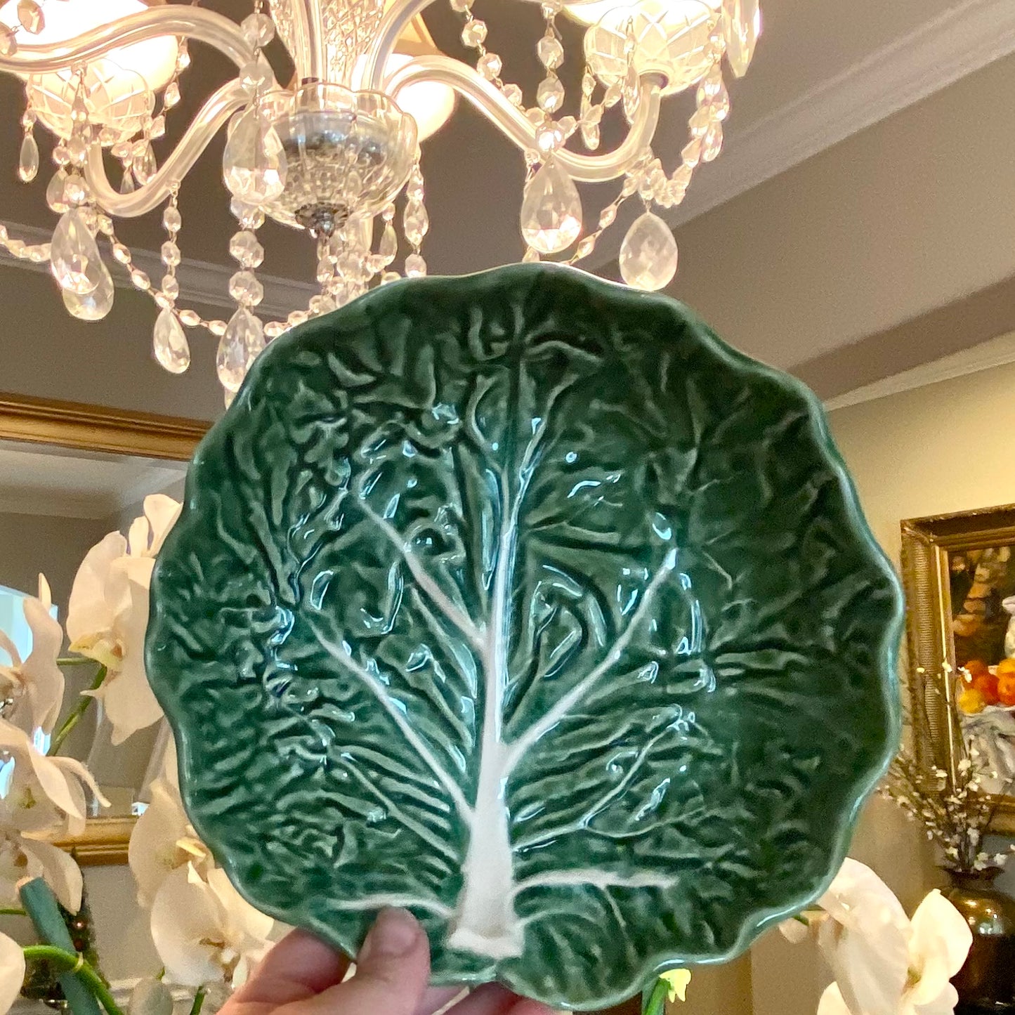 Vintage Olfaire  of Portugal large green cabbage ware bowl