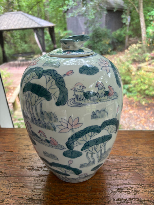 Sweetest 13” lidded ginger jar featuring pastels and a frog finial!
