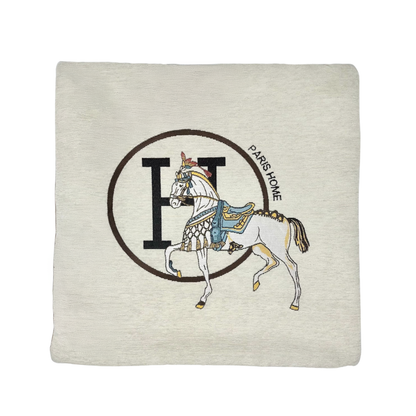 Luxury Equestrian “H” Square Horse Pillow W/Down Insert – Cream, 18x18”