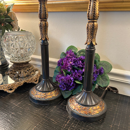 Stunning Statuesque pair of vintage gold gild & Ebony Buffet lamps 33 in