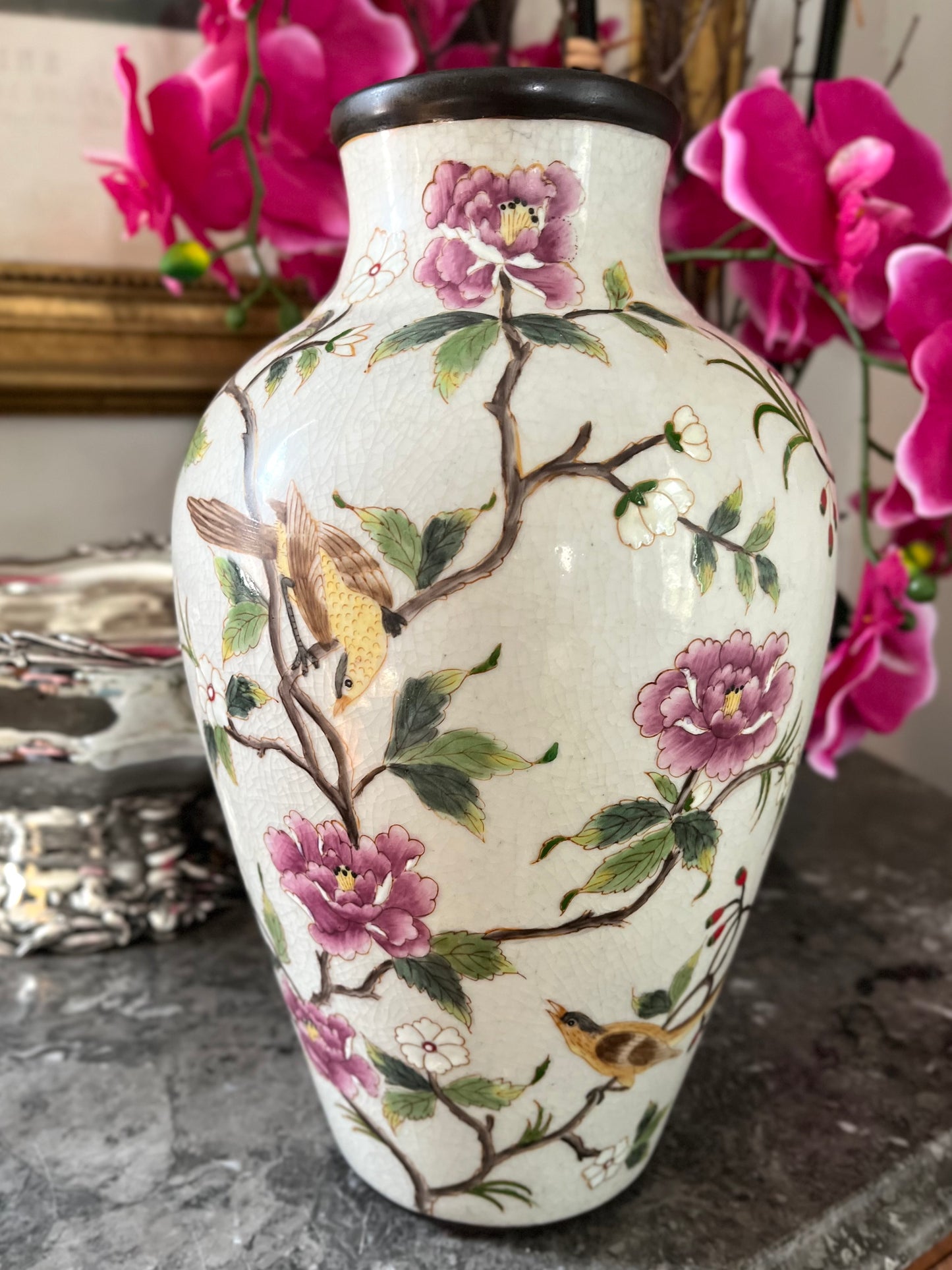 Gorgeous Large Antique Chinese Famille Rose Enamel Vase with Birds & Blossoms, Rolled Brown Rim
