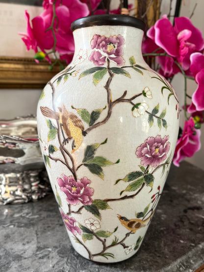Gorgeous Large Antique Chinese Famille Rose Enamel Vase with Birds & Blossoms, Rolled Brown Rim