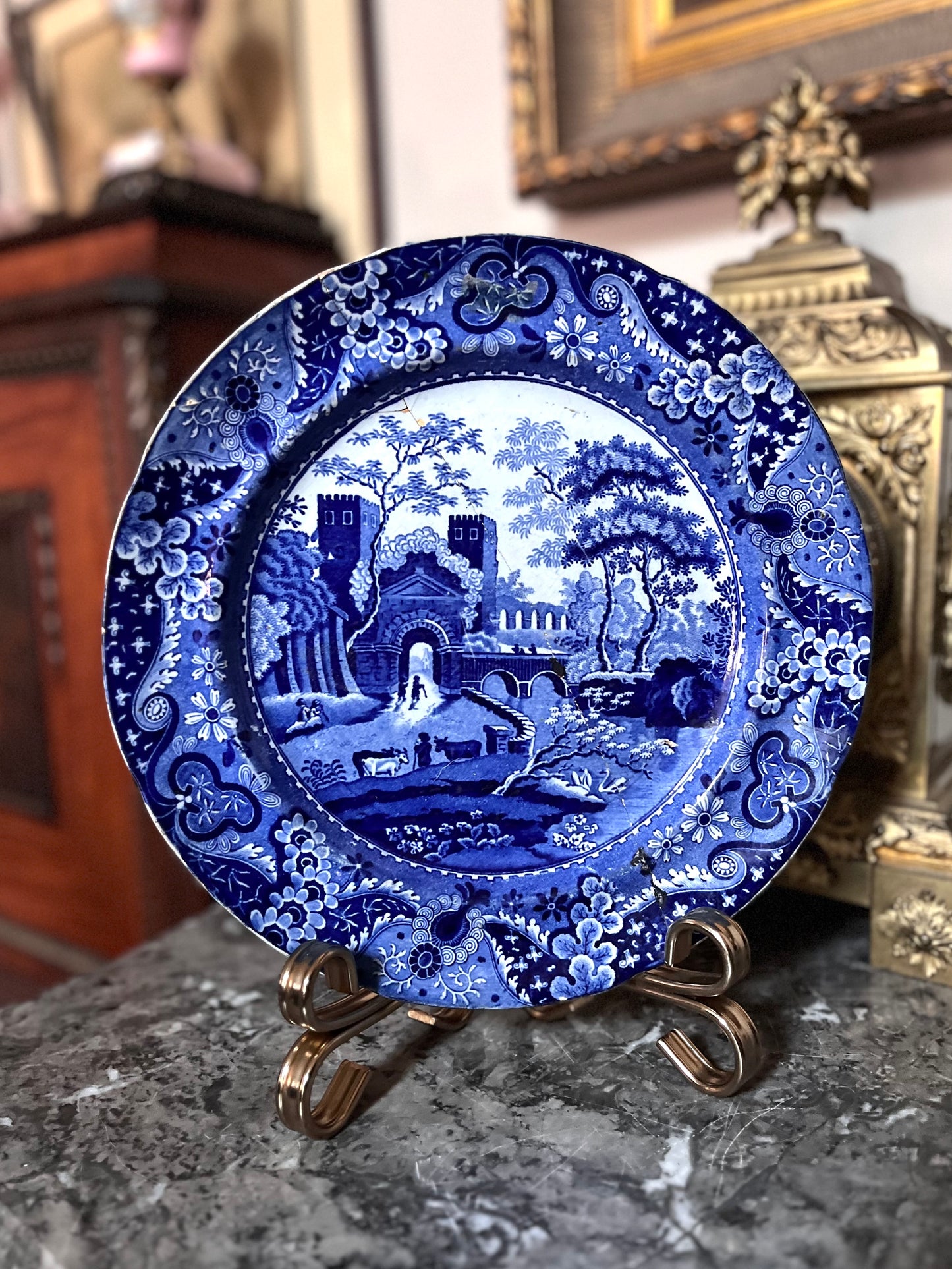 Very Early 1800’s Clews England Historical Blue Castle Plate Pearlware - Staple Repair Double Stamped And Warranted.