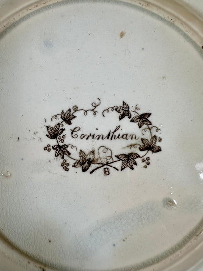 Pair Antique English Corinthian Brown Transferware Pearlware Plates, c. 1830s–1840s