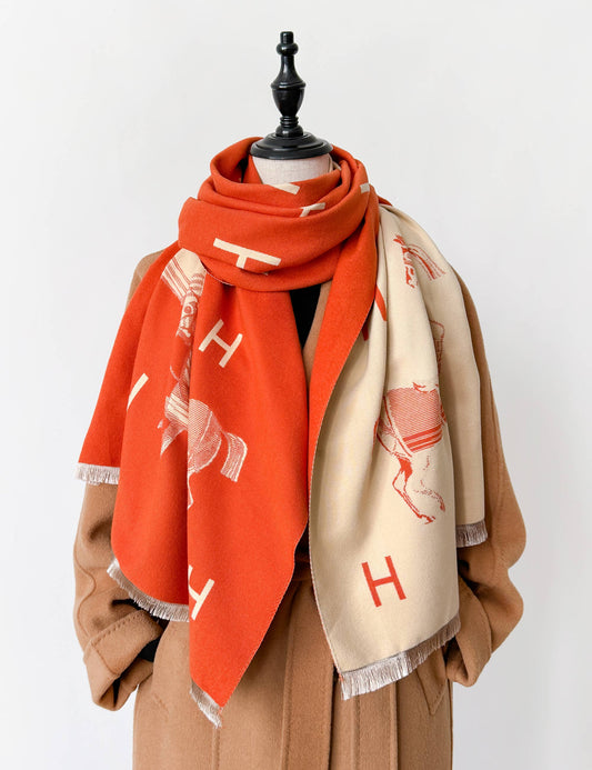 Luxe Large Equestrian Orange & Cream Reversible “H” Stable Scarf/ Wrap