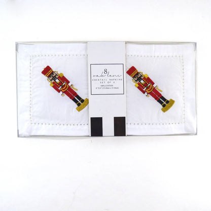 Embroidered Nutcracker Cocktail Napkins – Boxed Set of 4 | 100% Cotton Holiday Napkins
