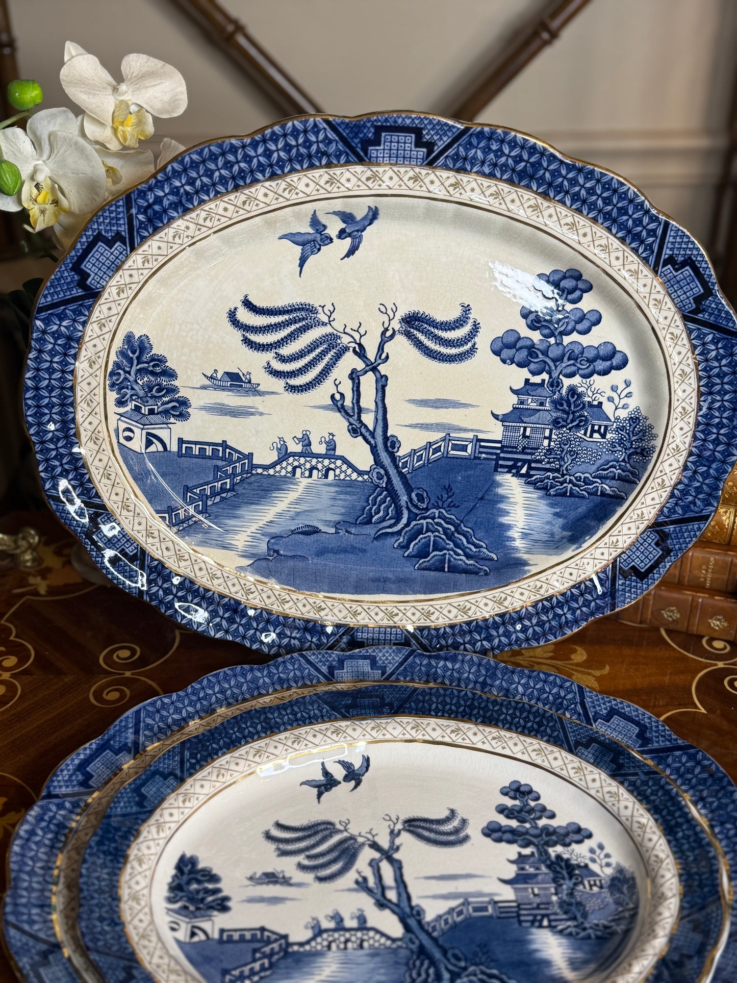 Antique Booths Real Old Willow A8025 Large Serving Platter | Blue & White with Gold Trim | 16.5x13”